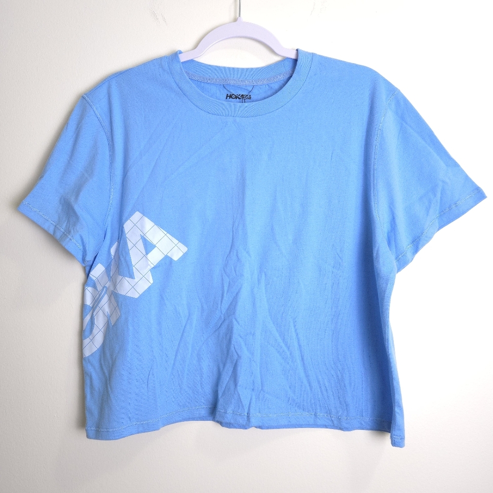 HOKA ONE ONE Blue Cropped Running Workout Gym Tee L - Picture 2 of 11